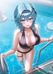  2girls amber_(genshin_impact) bare_shoulders bikini black_bikini black_hairband black_one-piece_swimsuit blue_hair commentary crossed_bangs eula_(genshin_impact) genshin_impact glint hair_between_eyes hairband highres ice jewelry looking_at_viewer multiple_girls necklace o-ring o-ring_swimsuit one-piece_swimsuit pool pool_ladder slime_(genshin_impact) smile solo_focus swimsuit thigh_strap thighs water wol_(wol_927) 