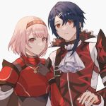  1boy 1girl alcryst_(fire_emblem) armor ascot blue_hair closed_mouth fire_emblem fire_emblem_engage gloves hair_between_eyes hair_ornament hairband hairclip high_collar lapis_(fire_emblem) pink_eyes pink_hair red_armor red_eyes short_hair shoulder_armor white_ascot white_background wspread 