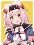  1girl animal_ears arknights black_hairband black_jacket blue_bow blush border bow bracelet braid cat_ears fidgeting flying_sweatdrops goldenglow_(arknights) hair_bow hairband highres id_card infection_monitor_(arknights) jacket jewelry lightning_bolt_print long_hair long_sleeves looking_at_viewer open_clothes open_jacket open_mouth outside_border pink_hair shirt side_braid simple_background solo u_yuz_xx upper_body white_border white_shirt yellow_background yellow_eyes 