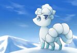  2022 6_tails alolan_form alolan_vulpix ambiguous_gender black_nose blue_eyes blue_inner_ear blue_markings canid cloud day detailed_background digital_media_(artwork) digital_painting_(artwork) feral fur head_tuft hi_res leg_markings mammal markings marz_(artist) mountain multi_tail multicolored_body multicolored_fur nintendo nude outside pokemon pokemon_(species) quadruped rear_view regional_form_(pokemon) shaded signature sky snout snow socks_(marking) solo standing tail three-quarter_view tuft two_tone_body two_tone_fur white_body white_fur 