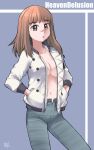  1girl :o artist_name blue_background blue_pants breasts brown_eyes brown_hair cleavage closed_mouth collarbone copyright_name cowboy_shot denim expressionless hands_in_pockets highres jacket jeans kikumaru_bunta kiruko_(tengoku_daimakyou) long_sleeves looking_at_viewer medium_breasts medium_hair midriff navel no_shirt open_clothes open_fly open_jacket pants parted_lips popped_collar quilted_jacket scar scar_on_face signature solo standing tengoku_daimakyou thick_eyebrows unzipped white_jacket 
