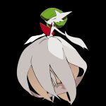  1girl bare_shoulders black_background bob_cut closed_eyes colored_skin commentary dress elbow_gloves flat_chest full_body gardevoir gloves green_hair hair_over_one_eye highres leg_up mega_gardevoir mega_pokemon no_mouth one_eye_covered outstretched_arms pokemon pokemon_(creature) short_hair simple_background solo standing standing_on_one_leg strapless strapless_dress takashi_(pixiv_80298118) u_u white_dress white_gloves white_skin 
