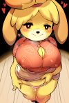  1girl animal_crossing animal_ears animal_nose black_eyes blonde_hair blush blush_stickers breasts bursting_breasts cameltoe cleavage clothes_lift commentary covered_nipples curvy dog_ears dog_girl english_commentary fewer_digits from_above full_body furry furry_female grunt_frostwolf hawaiian_shirt heart highres huge_breasts isabelle_(animal_crossing) looking_at_viewer micro_panties miniskirt no_bra nose_blush panties pink_shirt pussy_juice pussy_juice_on_fingers pussy_juice_trail shirt short_hair shortstack skirt skirt_lift solo thick_thighs thighs topknot underwear white_skirt yellow_fur 