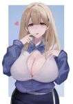  1girl bow bowtie breasts cleavage finger_to_mouth goddess_of_victory:_nikke hair_between_eyes heart huge_breasts large_breasts long_hair long_sleeves looking_at_viewer medium_breasts reyn_77a school_uniform solo tia_(nikke) uniform 