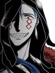  1boy animal_ears black_hood blue_hair commentary_request crazy_eyes crazy_grin crazy_smile cu_chulainn_(fate) cu_chulainn_alter_(fate) cu_chulainn_alter_(third_ascension)_(fate) facial_mark fate/grand_order fate_(series) makeup male_focus portrait red_eyes sharp_teeth solo teeth yuuzuki230 