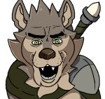  anonymous_artist anthro armor brown_nose canid canine canis fur green_eyes low_res male mammal melee_weapon open_mouth pauldron perro_rabioso ranok_(far_beyond_the_world) sharp_teeth simple_background solo soyjak sword tan_body tan_fur teeth weapon wolf 