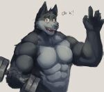  2023 5_fingers abs absurd_res anthro biceps black_nose bodily_fluids canid canine canis countershade_face countershade_fur countershade_torso countershading dialogue dumbbell english_text eyebrows fingers fur gesture greeting grey_body grey_countershading grey_fur hi_res holding_dumbbell humanoid_hands jephhhad looking_at_viewer male mammal muscular muscular_anthro muscular_male nude open_mouth pecs red_eyes simple_background solo sweat talking_to_viewer teeth_showing text waving weights white_background wolf 