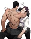  2boys ass back bara black_hair black_pants blush chair couple gimgyeon_(dog_0987) highres large_pectorals looking_at_another male_focus multiple_boys muscular muscular_male original pants pectorals purple_hair shirt short_hair simple_background sitting sitting_on_person smile topless_male translation_request white_background white_shirt yaoi 