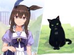  1girl admire_vega_(umamusume) animal_ears black_cat bow bowtie brown_hair cat chokin-bako_no_futa commentary ear_covers horse_ears horse_girl horseshoe_ornament long_hair looking_at_viewer low_ponytail open_mouth pleated_skirt puffy_short_sleeves puffy_sleeves purple_bow purple_bowtie purple_eyes purple_serafuku purple_shirt sailor_collar sailor_shirt school_uniform serafuku shirt short_sleeves single_ear_cover skirt tracen_school_uniform umamusume upper_body white_skirt 