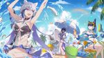  3girls :o ahoge animal animal_ear_fluff animal_ears arm_up armpits bare_shoulders beach beach_umbrella blue_skirt blue_sky blue_sleeves breasts bucket cat_ears cleavage cloud cloudy_sky cooking cup day detached_sleeves fish grey_hair grill halo holding holding_cup homu_(honkai_impact) honkai_(series) honkai_impact_3rd kiana_kaslana kiana_kaslana_(herrscher_of_finality) kneeling large_breasts long_hair multiple_girls mush_(mushlicious) navel official_alternate_costume open_mouth outstretched_hand raiden_mei raiden_mei_(herrscher_of_origin) rainbow sand second-party_source sitting skirt sky small_breasts snorkel standing star-shaped_pupils star_(symbol) surfboard symbol-shaped_pupils teeth thigh_strap tree umbrella upper_teeth_only water white_hair 