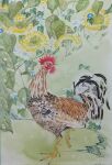  animal bird chicken flower highres leaf miyuchan777 no_humans original painting_(medium) plant rooster tail_feathers traditional_media vines watercolor_(medium) yellow_flower 