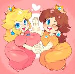  2girls :3 :d ;d alternate_breast_size aqua_eyes blonde_hair blue_eyes blush breasts brooch brown_hair bulumblebee commentary crown dress earrings elbow_gloves english_commentary eyelashes flats flipped_hair flower_earrings full_body gem gloves heart holding_hands jewelry large_breasts long_hair looking_at_viewer mario_(series) medium_breasts multiple_girls one_eye_closed open_mouth parted_bangs pink_background pink_dress princess_daisy princess_peach puffy_short_sleeves puffy_sleeves shoes short_sleeves sidelocks simple_background smile teeth tiara tongue yellow_dress yellow_gloves 