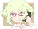  1boy absurdres ascot bespectacled black_gloves blonde_hair border brown_background colored_eyelashes commentary_request frilled_sleeves frills glasses gloves half_gloves highres lio_fotia long_sleeves looking_at_viewer male_focus no_jacket otoko_no_ko parted_lips pink-framed_eyewear promare puffy_long_sleeves puffy_sleeves purple_eyes shirt short_hair sidelocks solo tyooka3244 white_ascot white_border white_shirt 