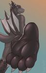  4_toes absurd_res anthro black_sclera canid_kaiba capcom claws ear_piercing ear_ring feet flying_wyvern foot_focus fur grey_body grey_fur hi_res male monster_hunter nargacuga nude piercing ring_piercing soles solo toe_claws toes white_eyes 