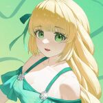  1girl bikini blonde_hair blunt_bangs braid braided_ponytail breasts cleavage collarbone commentary fire_emblem fire_emblem:_three_houses fire_emblem_heroes green_background green_bikini green_eyes green_ribbon hair_ribbon highres ingrid_brandl_galatea ingrid_brandl_galatea_(summer) long_hair looking_at_viewer medium_breasts official_alternate_costume open_mouth ribbon smile solo swimsuit tzzis very_long_hair 