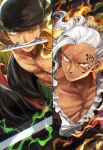  2boys commentary_request dark-skinned_male dark_skin facial_tattoo fire frilled_shirt frills green_hair highres japanese_clothes katana king_(one_piece) long_hair multiple_boys oekakiboya one_piece red_eyes roronoa_zoro shirt short_hair sword tattoo weapon white_hair white_shirt 