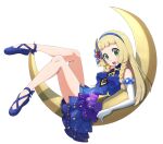  1girl blonde_hair blue_dress blue_footwear breasts dress elbow_gloves gloves green_eyes lillie_(anniversary_2021)_(pokemon) lillie_(pokemon) long_hair official_alternate_costume oni-sanart open_mouth pointy_breasts pokemon pokemon_(game) pokemon_masters_ex sitting small_breasts solo tachi-e transparent_background white_gloves 