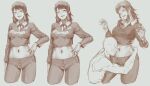  1girl absurdres black_pants blush breasts chainsaw_man hand_on_own_hip highres hug looking_at_viewer looking_down mifune_fumiko navel navel_piercing nose_blush pants piercing september22nd simple_background sketch 