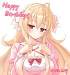  1girl 2023 ahoge alicetia_wallenberg_kezouji blonde_hair blush bow breasts cleavage close-up closed_mouth collarbone commentary_request dated eyelashes eyes_visible_through_hair frown hair_between_eyes hair_bow happy_birthday head_tilt highres jitome juliet_sleeves large_breasts long_hair long_sleeves looking_at_viewer multicolored_hair ncontrail_(mgax7527) pink_hair primal_hearts_2 puffy_sleeves purple_skirt red_bow red_eyes sidelocks simple_background skirt solo streaked_hair white_background white_bow 
