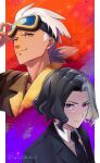  2boys amethio_(pokemon) black_hair black_jacket bright_pupils brown_jacket closed_mouth collared_shirt commentary_request friede_(pokemon) goggles goggles_on_head grey_hair hand_up highres jacket male_focus multicolored_hair multiple_boys necktie pokemon pokemon_(anime) pokemon_horizons purple_eyes satomune_s shirt short_hair smile two-tone_hair white_hair white_shirt yellow_eyes 