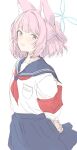  1girl animal_ear_fluff animal_ears armband blue_archive blue_eyes blue_halo blue_sailor_collar blue_skirt commentary halo kohaku_q long_sleeves looking_at_viewer neckerchief niko_(blue_archive) open_mouth pink_hair red_neckerchief sailor_collar school_uniform serafuku short_hair simple_background sketch skirt smile solo white_background 