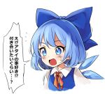  1girl blue_bow blue_dress blue_eyes blue_hair blush bow cirno collared_shirt commentary dress fairy hair_bow highres ice ice_wings open_mouth pinafore_dress portrait shirt short_hair simple_background sleeveless sleeveless_dress solo speech_bubble tatuhiro touhou translated white_background white_shirt wings 