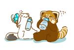  2023 ailurid black_nose brown_body chibi drinking duo eyes_closed feral hi_res mammal mustelid musteline red_panda shi_nominmin simple_background sitting stoat true_musteline weasel white_background white_body 