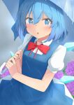  1girl :o absurdres blue_dress blue_eyes blue_hair blue_umbrella blush bow bowtie breasts bright_pupils cirno dress hair_between_eyes highres holding holding_umbrella ice ice_wings looking_at_viewer medium_hair mizune_(winter) open_mouth outdoors overcast puffy_short_sleeves puffy_sleeves rain red_bow red_bowtie short_sleeves sky small_breasts solo touhou umbrella white_pupils wings 