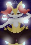  anthro black_body black_fur braixen canid canine clitoris female fur generation_6_pokemon genitals hi_res looking_at_viewer mammal navel nintendo pokemon pokemon_(species) pussy silavos smile solo spread_legs spreading text watermark white_body white_fur yellow_body yellow_fur 