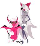  breasts clothed clothing demon demon_humanoid duo eclipsa78 female genitals grey_body hair hazbin_hotel helluva_boss hi_res humanoid nipples open_mouth open_smile partially_clothed pink_body pink_eyes pussy red_eyes simple_background smile succubus teeth thick_thighs vaggie_(hazbin_hotel) verosika_mayday_(helluva_boss) white_hair wings 