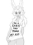  1girl :d animal_ears clothes_writing collarbone cowboy_shot english_text freckles frey_(freydraws) freydraws hair_between_eyes highres long_hair original ponytail rabbit_ears shirt shirt_tug short_sleeves sidelocks smile solo teeth upper_teeth_only 