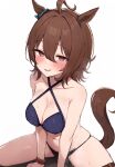  1girl agnes_tachyon_(lunatic_lab)_(umamusume) agnes_tachyon_(umamusume) ahoge animal_ears bikini blush breasts brown_hair criss-cross_halter hair_between_eyes halterneck horse_ears horse_girl horse_tail large_breasts looking_at_viewer red_eyes short_hair smile solo summer&#039;s_sunlight_fades_to_blue_(umamusume) swimsuit tail tsukicorn umamusume white_background 