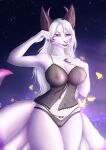  5_fingers absurd_res anthro arthropod black_clothing black_underwear breasts canid canine clothed clothing dymkapics female fingers fox fur glowing hair hi_res horn insect lepidopteran mammal night purple_eyes solo star tail underwear white_hair 