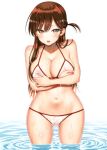  1girl bare_shoulders bikini blur_censor blush braid breasts brown_eyes brown_hair censored cleavage collarbone covered_nipples cowboy_shot hands_on_own_breasts kanojo_okarishimasu large_breasts long_hair looking_at_viewer mizuhara_chizuru navel one_side_up open_mouth partially_submerged simple_background solo standing string_bikini swimsuit thigh_gap water wet wet_clothes wet_swimsuit white_background white_bikini yahiro_pochi 