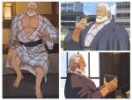  1boy bara bare_pectorals beard beckoning blue_eyes bowl closed_eyes dark-skinned_male dark_skin eating facial_hair highres holding japanese_clothes jp_(street_fighter) kimono large_pectorals long_hair looking_at_viewer male_focus mature_male multiple_views muscular muscular_male mustache old old_man open_mouth pectorals ponytail sa1k0p sitting smile solo street_fighter street_fighter_6 sweat tatami thick_eyebrows thick_mustache veins white_hair yukata 
