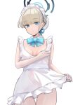  1girl apron blonde_hair blue_archive blue_eyes blue_halo blue_ribbon breasts cleavage closed_mouth commentary_request hair_bun hair_ribbon halo highres looking_at_viewer maid_headdress medium_breasts ribbon ryh4 short_hair simple_background single_hair_bun thighs toki_(blue_archive) white_apron white_background 