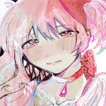  1girl blush bow chest_jewel choker closed_mouth fusion hair_bow half-closed_eyes highres kaname_madoka long_hair looking_at_viewer magical_girl mahou_shoujo_madoka_magica mahou_shoujo_madoka_magica_(anime) pink_eyes pink_gemstone pink_hair red_choker smile solo sparkle twintails ultimate_madoka upper_body white_bow white_choker yellow_eyes yonjou_(uga_tte) 