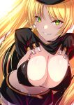  1girl akeyama_kitsune arms_behind_back azur_lane belt bikini bikini_top_only black_bikini black_cape black_shirt black_shorts blonde_hair blush breasts cape cleavage commentary_request covered_nipples cowboy_hat cowboy_shot green_eyes hat hornet_(azur_lane) hornet_ii_(azur_lane) large_breasts leaning_forward long_hair looking_at_viewer parted_lips partial_commentary shirt short_shorts shorts shrug_(clothing) sidelocks smile solo standing stomach swimsuit twintails very_long_hair yellow_belt 