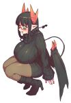  1girl :3 black_footwear black_hair black_tail boots breasts demon_horns demon_tail demon_wings dress glasses green_eyes high_heel_boots high_heels highres horns huge_breasts long_hair merii_(mazohaha) musuko_ga_kawaikute_shikatanai_mazoku_no_hahaoya open_mouth pantyhose pointy_ears pointy_nose red-framed_eyewear red_horns red_nails ribbed_sweater squatting sweater sweater_dress tail thighs wings zyugoya 