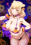  1girl bare_shoulders bikini blonde_hair blush bow breasts brown_eyes choker cleavage collarbone commentary_request cowboy_shot curvy double_bun groin hair_bow hair_bun hair_ornament halloween halterneck heart highres jack-o&#039;-lantern jewelry joy_ride large_breasts lips long_hair looking_at_viewer micro_bikini nail_polish navel open_mouth original partial_commentary ribbon sidelocks smile solo standing stomach string_bikini swimsuit thick_thighs thighs wide_hips 
