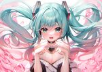  1girl :d bare_shoulders black_choker black_gemstone blue_eyes blue_hair blue_nails blush breasts choker cleavage commentary floating_hair hair_ornament hatsune_miku heart heart-shaped_gem heart_hands highres long_hair looking_at_viewer meion miku_day smile solo twintails upper_body vocaloid 