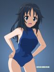  1girl artist_name blue_background blue_eyes blue_hair blue_one-piece_swimsuit commentary cowboy_shot dated eyes_visible_through_hair freckles girls_und_panzer halterneck hands_on_own_hips highres leaning_forward long_hair looking_at_viewer naotosi one-piece_swimsuit open_mouth school_swimsuit smile solo swimsuit yamagou_ayumi 