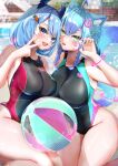  1girl 2girls ahoge animal_ear_fluff animal_ears ball bare_arms bare_shoulders beachball black_one-piece_swimsuit blue_hair blue_one-piece_swimsuit bracelet breasts carrot_hair_ornament cat_ears cat_girl cat_tail claw_pose commission demon_horns facial_mark food-themed_hair_ornament hair_ornament hairclip horns impossible_clothes impossible_swimsuit jewelry large_breasts looking_at_viewer medium_hair multiple_girls one-piece_swimsuit original poolside red_one-piece_swimsuit seta_(seta105) skeb_commission slit_pupils solo swimsuit tail two-tone_one-piece_swimsuit 