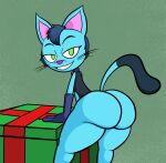  2022 anthro badguynek bedroom_eyes big_butt blue_body bottomless bottomless_anthro bottomless_female butt clothed clothing domestic_cat felid feline felis female gift gloves green_eyes grin gummybear_and_friends handwear hi_res kala_(gummybear_and_friends) looking_at_viewer looking_back looking_back_at_viewer mammal narrowed_eyes portrait seductive smile solo three-quarter_portrait toony whiskers 