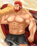  1boy abs absurdres bara beard black_male_underwear bulge cape facial_hair fate/zero fate_(series) fur-trimmed_cape fur_trim highres holding holding_cape holding_clothes iskandar_(fate) large_pectorals male_focus male_underwear muscular muscular_male navel nipples nongnakk pectorals red_cape red_hair short_hair solo twitter_username underwear 