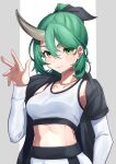  1girl absurdres arknights arua_(osmfc4zw9nsqnoi) commentary_request crop_top green_eyes green_hair hair_between_eyes hand_up highres horns hoshiguma_(arknights) jacket long_sleeves looking_at_viewer midriff open_clothes open_jacket short_hair single_horn solo sports_bra stomach upper_body 