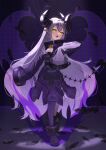  absurdres ahoge ankle_cuffs ascot aura bell black_horns braid braided_bangs coat collar fang feathers grey_hair highres hololive horns la+_darknesss la+_darknesss_(1st_costume) lerk_puzz metal_collar multicolored_hair pointy_ears purple_coat purple_hair purple_thighhighs sleeves_past_fingers sleeves_past_wrists standing streaked_hair striped_horns thighhighs virtual_youtuber yellow_ascot yellow_eyes 