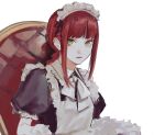  1girl apron bangs braid braided_ponytail chainsaw_man expressionless kamo_(kamonegioisi) looking_at_viewer maid maid_apron maid_headdress makima_(chainsaw_man) medium_hair puffy_short_sleeves puffy_sleeves red_hair ringed_eyes short_sleeves sidelocks simple_background solo white_background yellow_eyes 