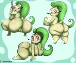  absurd_res anthro anus areola bent_over big_breasts big_butt breasts butt chikorita crouching female generation_2_pokemon genitals green_areola green_body green_nipples hi_res huge_breasts huge_butt huge_thighs inverted_nipples kneeling looking_at_viewer looking_back nintendo nipples nude open_mouth pokemon pokemon_(species) pole pupils pussy red_eyes side_boob smile solo stripper_pole thick_thighs tibbs white_pupils wide_hips 
