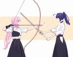  2girls ahoge aiming alternate_costume arrow_(projectile) black_choker black_gloves bow_(weapon) chinese_commentary choker closed_mouth elysia_(honkai_impact) gloves heart high_ponytail highres honkai_(series) honkai_impact_3rd long_hair looking_at_another multiple_girls pink_hair pointy_ears ponytail purple_eyes purple_hair raiden_mei shirt shiyuki_(yuki_09_22) simple_background single_glove smile standing sword weapon white_shirt white_sleeves wooden_sword 